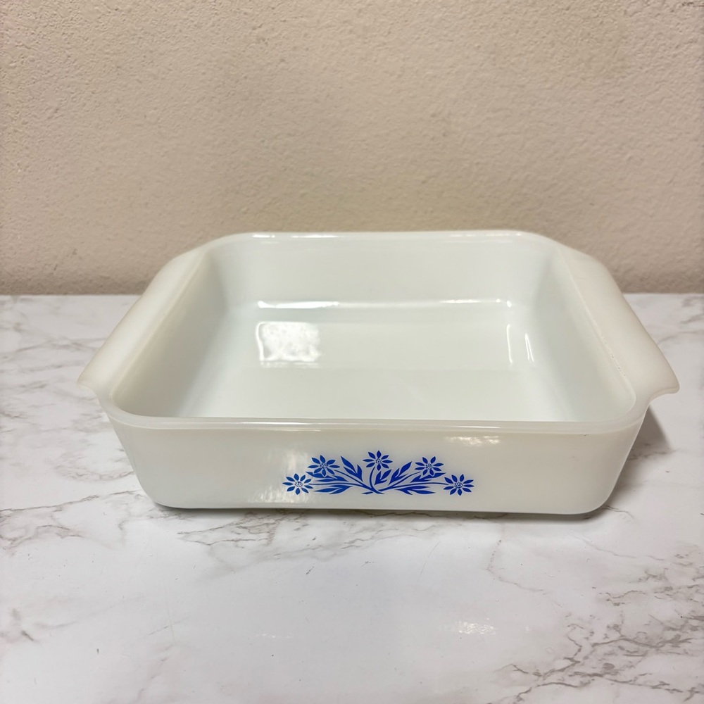 Anchor Hocking Milk Glass Square 8” Baking Dish with Blue Cornflower Design